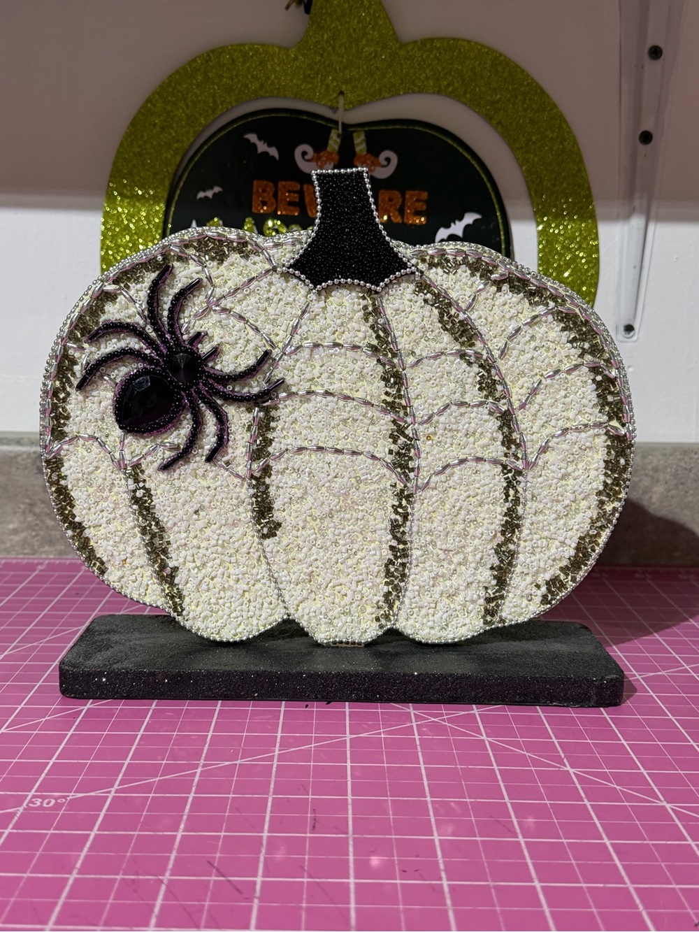 Decorative White Beaded Pumpkin with Black Spider - Halloween Home decor